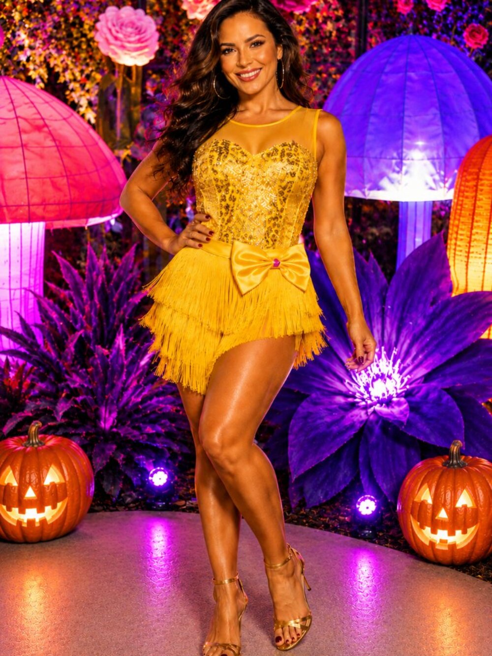 Sexy Vegas Showgirl Halloween Costume Yellow Sequin Fringe Dress Women Sz 20 NEW